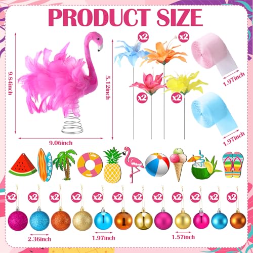 65 Pcs Tropical Summer Christmas Tree Ornaments Set with Flamingo Topper
