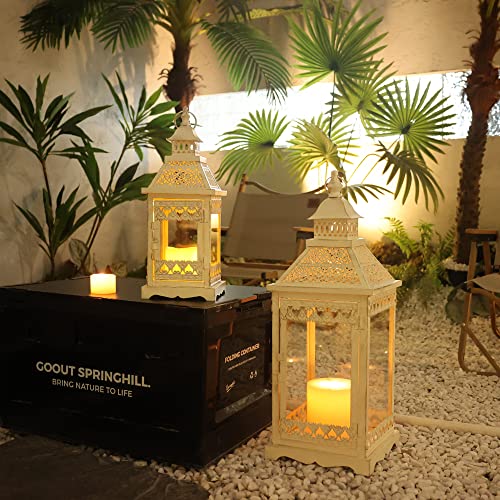 NEEDOMO Beige Outdoor Lanterns - Set of 2 Large Square Candle Lanterns (21" + 15"), Indoor/Outdoor