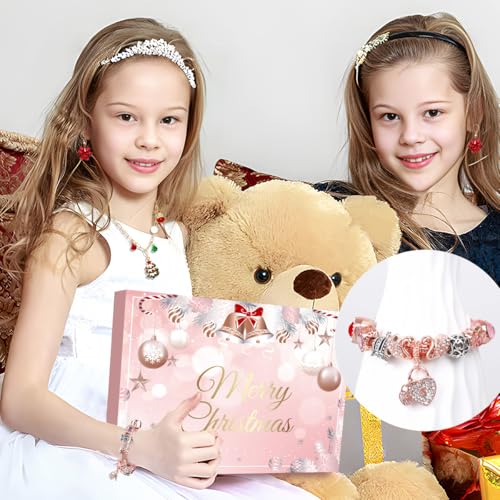 Pink Advent Calendar Charm Bracelet Kit for Teens & Women, 24 Days Jewelry Making Gift