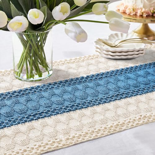 OTOSTAR Blue 12x108 Inch Boho Macrame Table Runner with Tassels – Rustic Farmhouse Home Decor