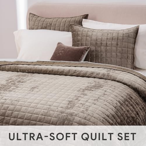 RECYCO King Size Velvet Quilt Set - Mocha Brown Bedspread Coverlet with 2 Shams