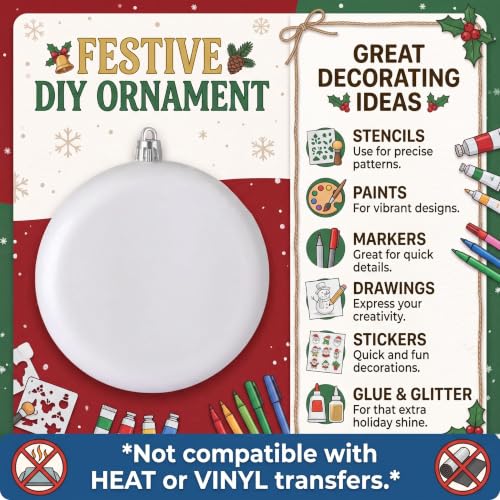 DIY Paintable Blank Christmas Ornaments Kit - 12 Flat Discs & Stencils