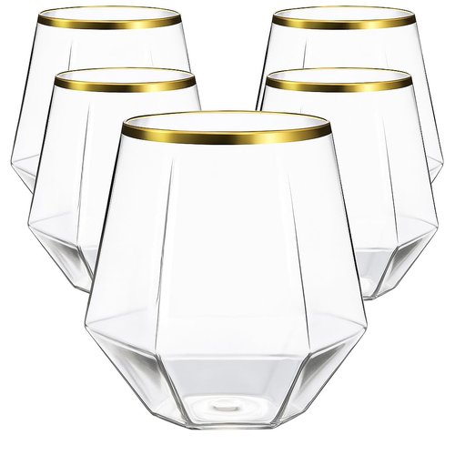 Oojami 24 count Diamond Unbreakable Stemless Plastic Wine Champagne Glasses Disposable Shatterproof BPA-Free Wine Glasses Indoor Outdoor Ideal for Home Office Bars, Wedding 12 Ounce Cup (Gold)