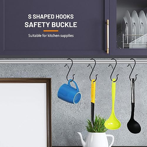 12-Pack 3.5-Inch Heavy Duty S Hooks with Safety Buckle - Black Metal Hangers