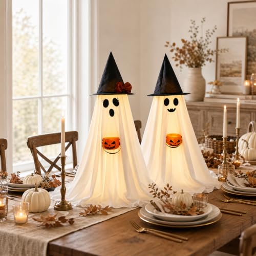 Lighted Halloween Ghosts 2-Pack – 2.95ft Standing Light-Up Decor with Witch Hats