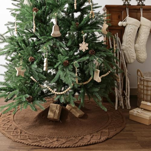 LimBridge Medium Brown Diamond Edge Knit Christmas Tree Skirt - 48in Neutral Rustic Boho