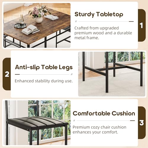 5-Piece Industrial Dining Table Set with 4 Upholstered Chairs, Rustic Brown