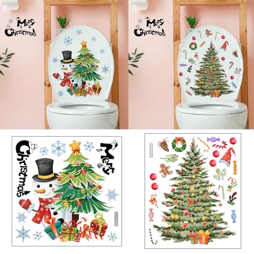 2Pcs Christmas Wall & Toilet Decals Snowman & Tree Holiday Stickers