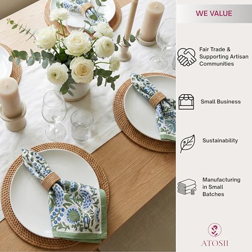 Clover Blue Cotton Dinner Napkins, Handblock Print 20x20 Inch Set of 4
