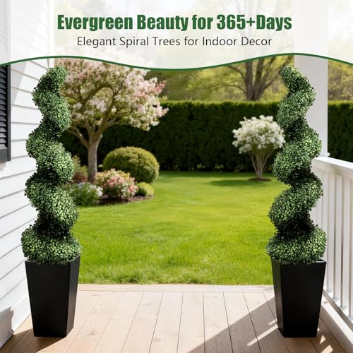 5FT Artificial Spiral Topiary Trees, Set of 2 UV Resistant Faux Boxwood Plants