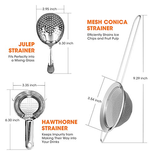 Koviti 3-Piece Cocktail Strainer Set - Hawthorne, Julep & Fine Mesh Strainers for Bartenders