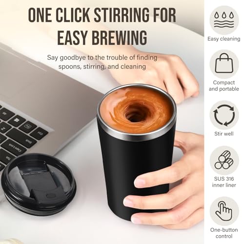 Hatisan Black Self Stirring Coffee Mug 400ml, Rechargeable Stainless Steel