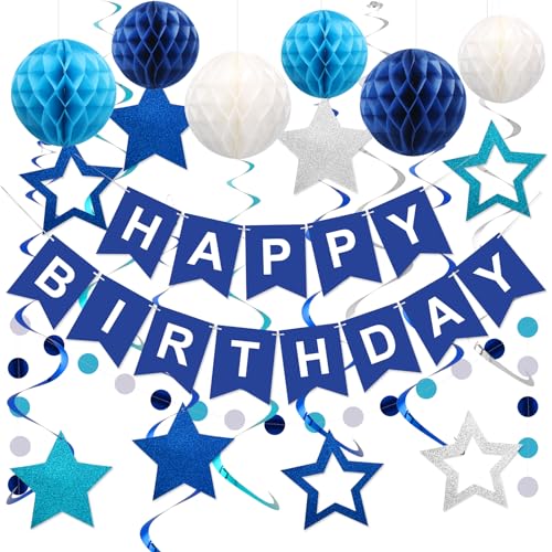 Blue Happy Birthday Party Decorations Set with Banner and Honeycomb Balls