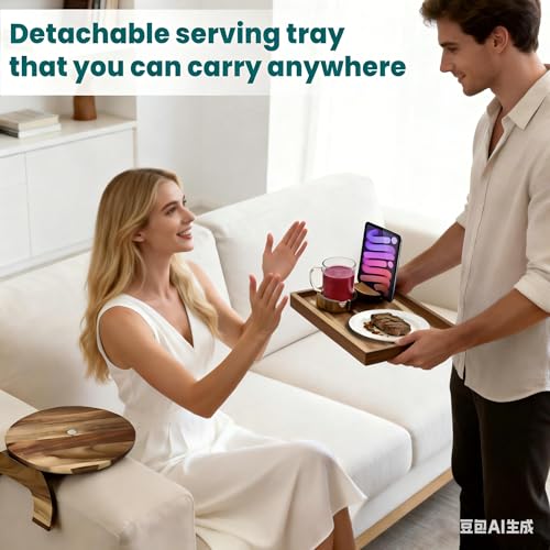 360° Rotating Acacia Wood Sofa Arm Tray with Cup Holder & Phone Stand
