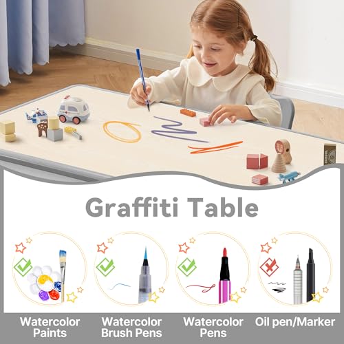 GITAWUSA Kids Study Table & 2 Chairs Set, Height Adjustable, Graffiti Desktop, Grey