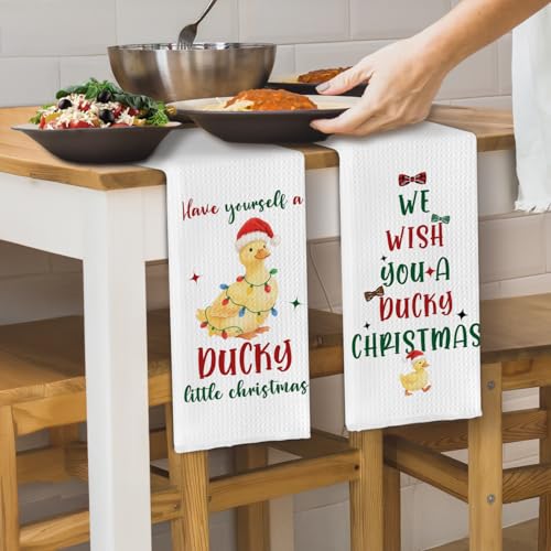 SereneHanctuary Yellow Duck Kitchen Towels 16x24in Set of 2 - Ultra-Soft Chenille Hand Towels