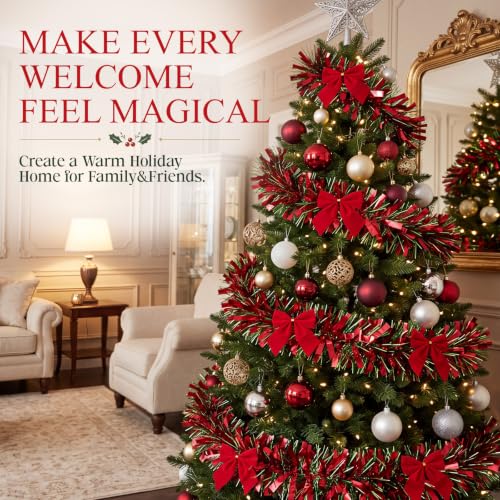 Yilloog 50ft Red and Green Christmas Tinsel Garland with 38 Preattached Bows - Indoor Outdoor Holiday Decor