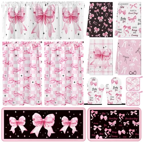 13-Piece Pink Bow Kitchen Decor Set: Towels, Rugs, Curtains & Oven Mitts