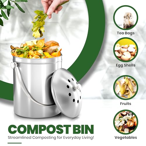 Stainless Steel Countertop Compost Bin 1.3 Gallon with Charcoal Filter