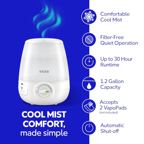 Ultrasonic Cool Mist Humidifier 1.2 Gal Filter-Free for Bedroom