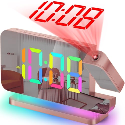 Projection Alarm Clock with RGB LED Mirror Display and USB-C Charging Port