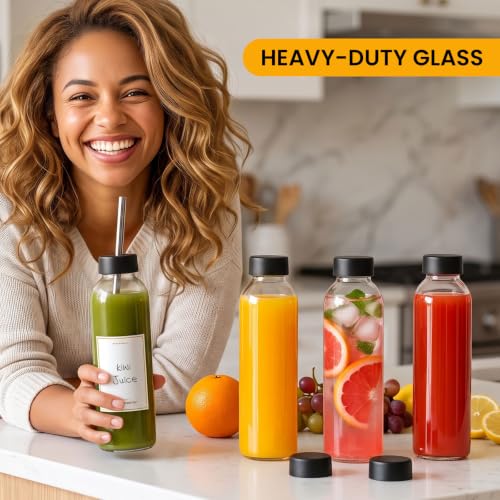 8 Pack 18 oz Glass Juice Bottles with Airtight Lids, Straws, and Cleaning Set