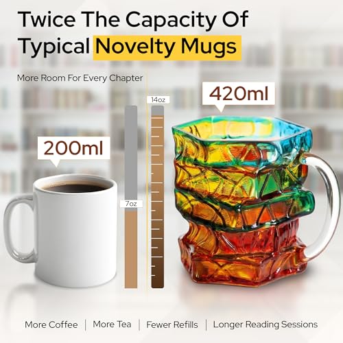 3D Stained Glass Book Mug 14oz – Thick Glass Coffee Tea Cup with Stacked Books Design