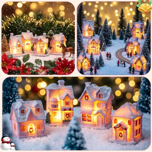 Soaoo 10 Pcs Christmas Village Houses with Figurines – Pink LED Lighted Mini Village Set