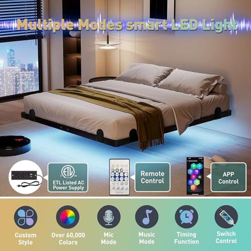 Queen Floating Bed Frame with LED Lights and Built-in Charging Station