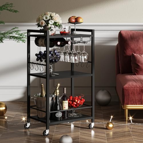 3-Tier Mobile Bar Cart with Wine Rack, Glass Holder, and 6 Hooks