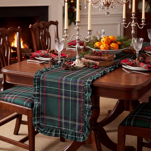 Moukeren 2-Pack Christmas Tartan Plaid Table Runners with Ruffle - Farmhouse Style, 16x70 Inches