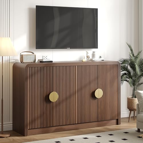 55" Fluted Buffet Sideboard Cabinet with Adjustable Shelves, Walnut