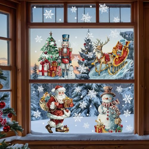 Christmas Window Clings 6 Sheets Santa Claus Snowman Nutcracker Reindeer Snowflake PVC - Reusable