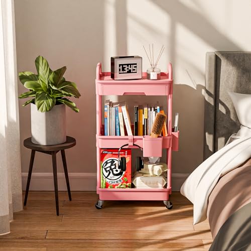 3-Tier Rolling Utility Cart with Drawer & Hooks, Pink Mobile Storage Shelf