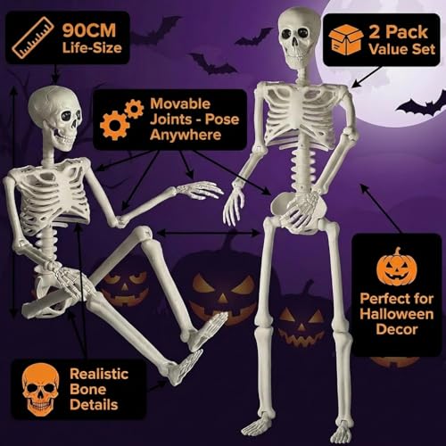2-Pack Posable Halloween Skeletons with Movable Joints - 36.5"
