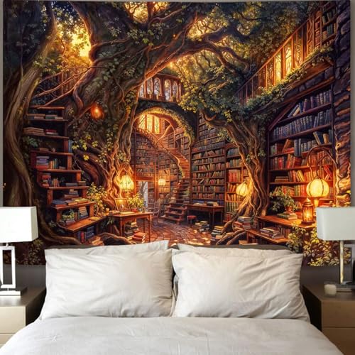 Vintage Forest Library Tapestry - Fantasy Bookshelf Wall Hanging (80 x 60 in)
