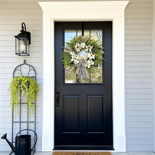24-Inch Artificial Magnolia Wreath with Buffalo Plaid Bow for Front Door