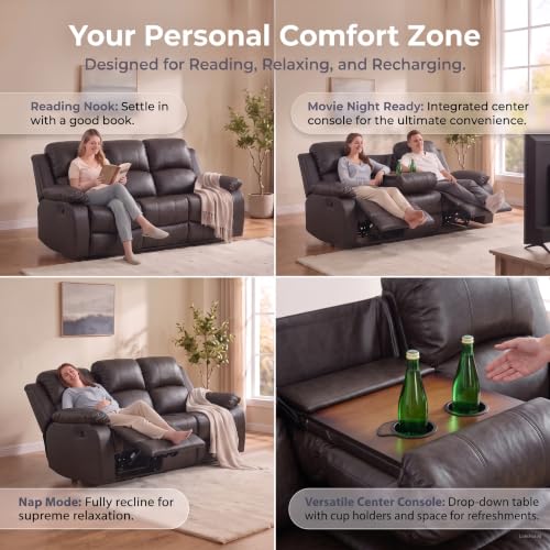 3-Piece Leather Recliner Sofa Set with Storage and Cup Holders