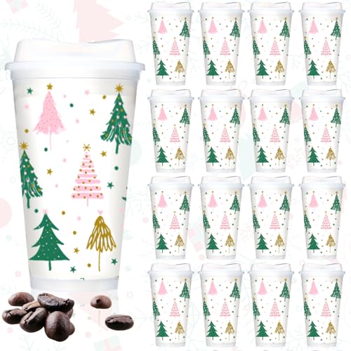 Bokon 12 Pack Clear Plastic Cups with Lids 16oz Boho Christmas Tree Design