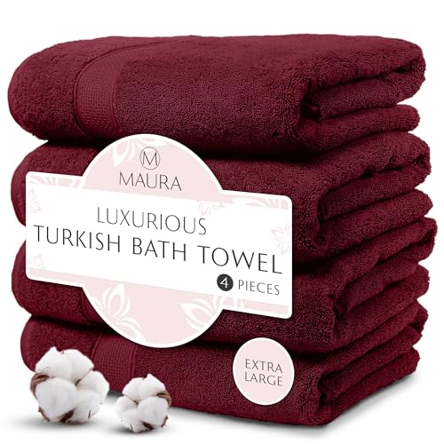 MAURA Turkish Cotton Bath Towels Set of 4 - Extra Large, Soft & Plush Burgundy