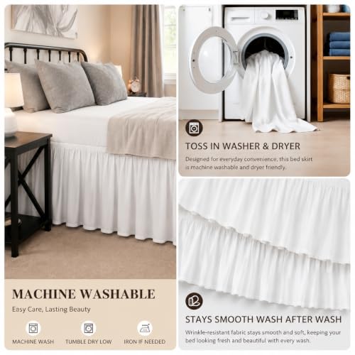 Queen Bed Skirt 15 Inch Drop - Elastic Wrap Around Dust Ruffle, White
