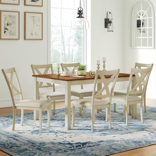 7-Piece Farmhouse Solid Wood Dining Set for 6 with Upholstered Chairs
