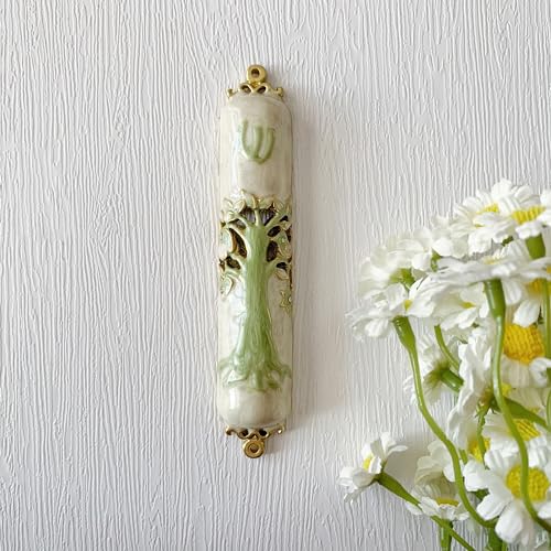 9.5-Inch Hand-Painted Metal Mezuzah with Pomegranate Flower and Scroll
