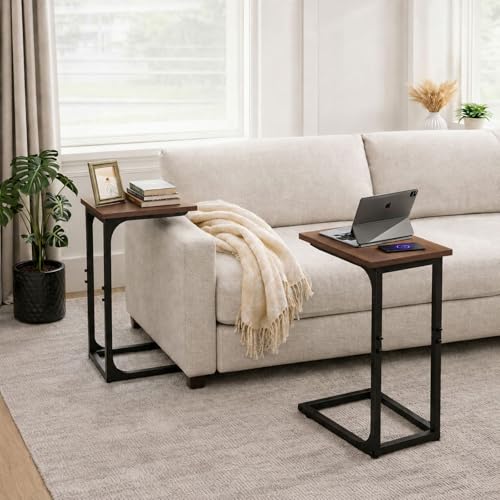 TEMI C Shaped End Table for Couch - Rustic Walnut, No Power Outlets, Space-Saving Side Table for Living Room or Bedroom - Set of 1