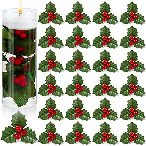 Artificial Christmas Holly Berry Stems with Green Leaves - 100 Pack