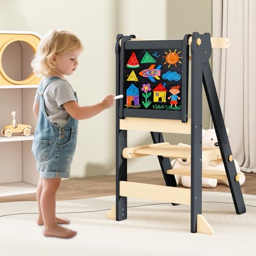 Foldable Toddler Learning Tower with Blackboard and Adjustable Height