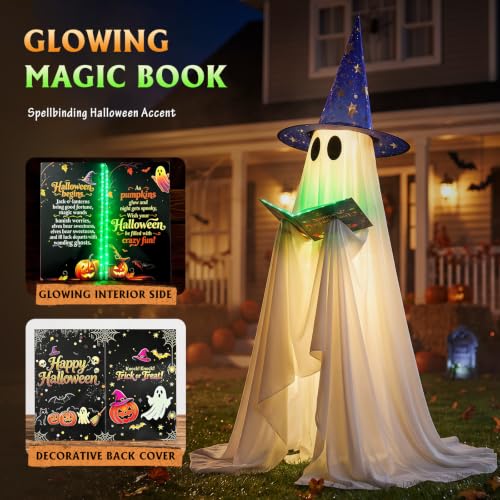 53-Inch Standing Halloween Ghost Decoration with Witch Hat & Glowing Book