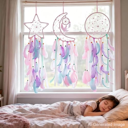 3-Piece Pink Dream Catcher Set - Star, Moon & Sun Wall Decor for Girls Room