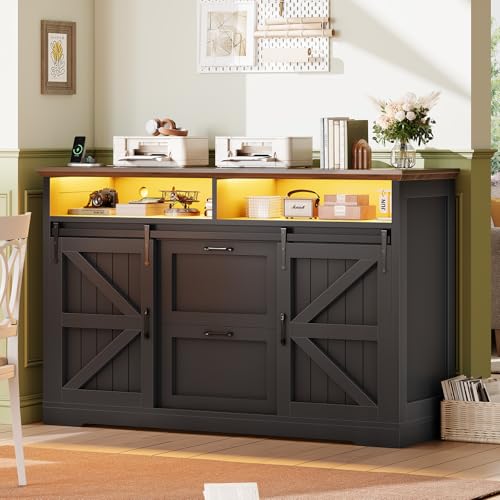 47.2-Inch Farmhouse File Cabinet with 2 Drawers, Barn Door & Charging Station