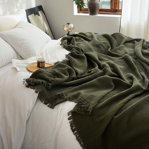 FOSSA 4-Layer Cotton Muslin Blanket Twin XL Olive Green 66x90 inches